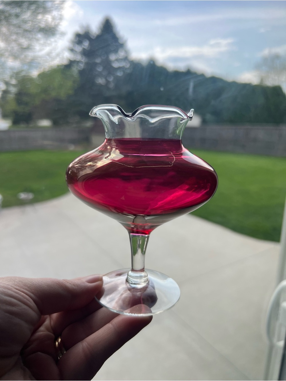 Antique Handblown Ruby Cranberry Glass Compote with Ruffled Rim